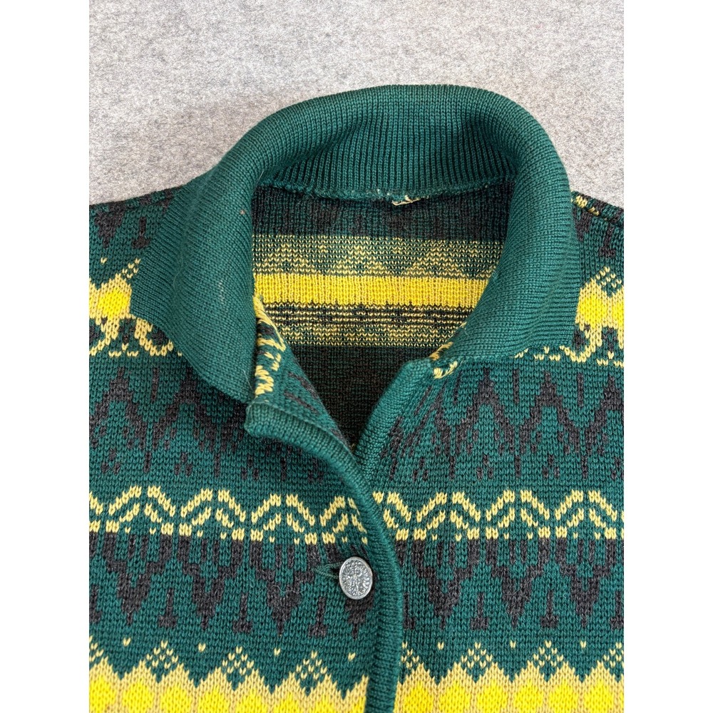 Vintage 80s Wool Cardigan Sweater Womens Large Green Fair Isle Nordic Knit Aran
